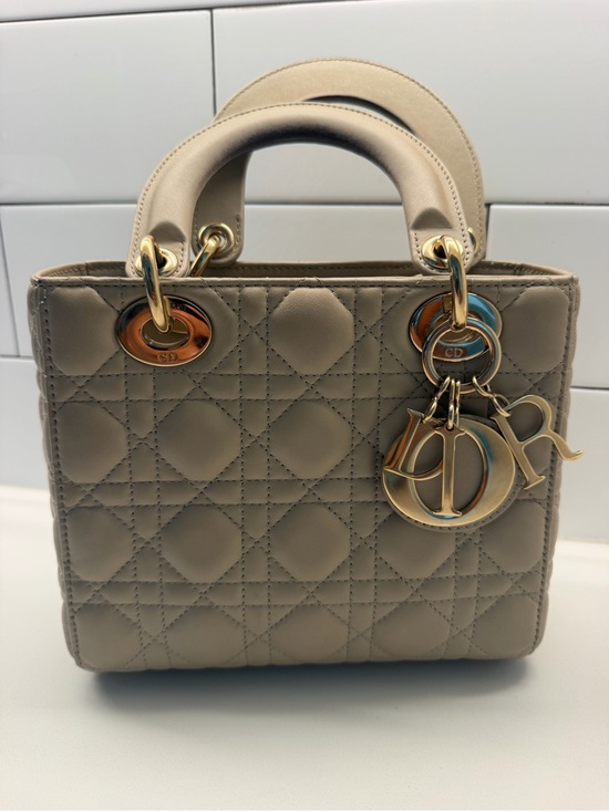 Dior Handbags - Dior Beige Quilted Lady Dior Medium Top-Handle Bag with Gold Hardware